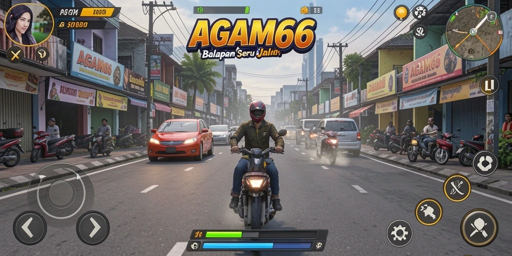 Tampilan gameplay AGAM66 yang menegangkan saat balapan di jalan yang ramai.