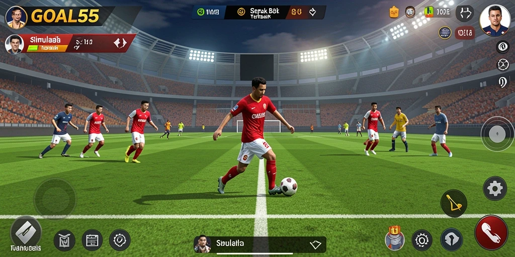 Screenshot utama GOAL55 menampilkan aksi gameplay sepak bola yang mendebarkan.
