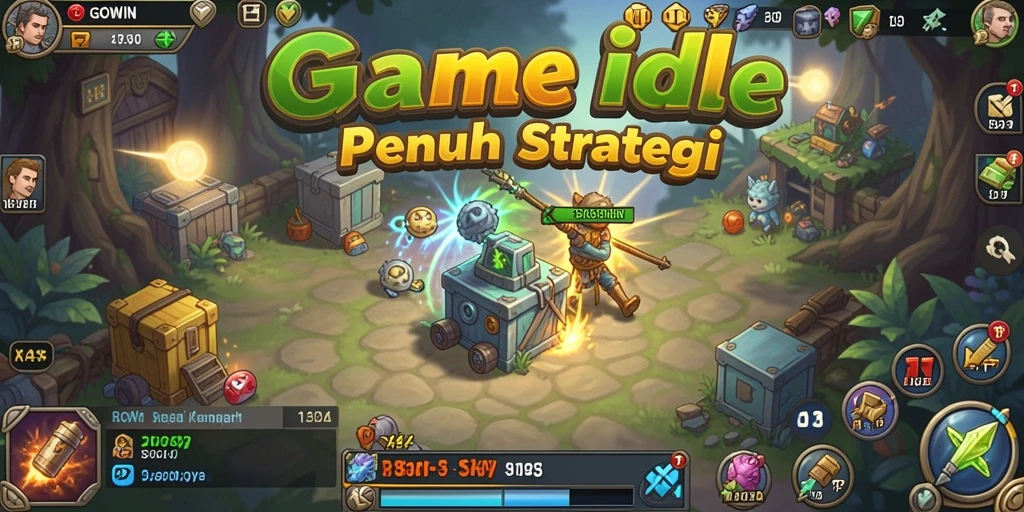 Tampilan gameplay GOWIN dengan karakter dan sumber daya yang berkembang.