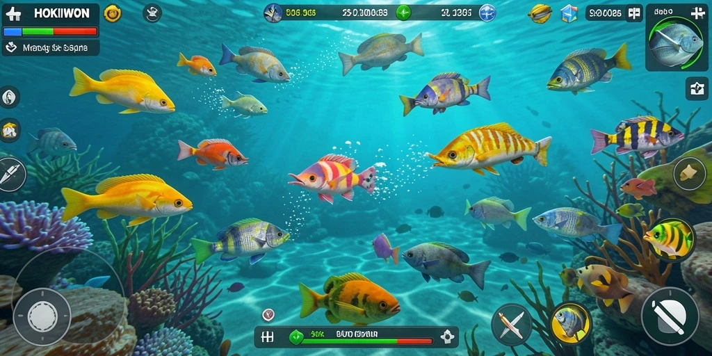 Screenshot gameplay HOKIWON dengan aksi menembak ikan.