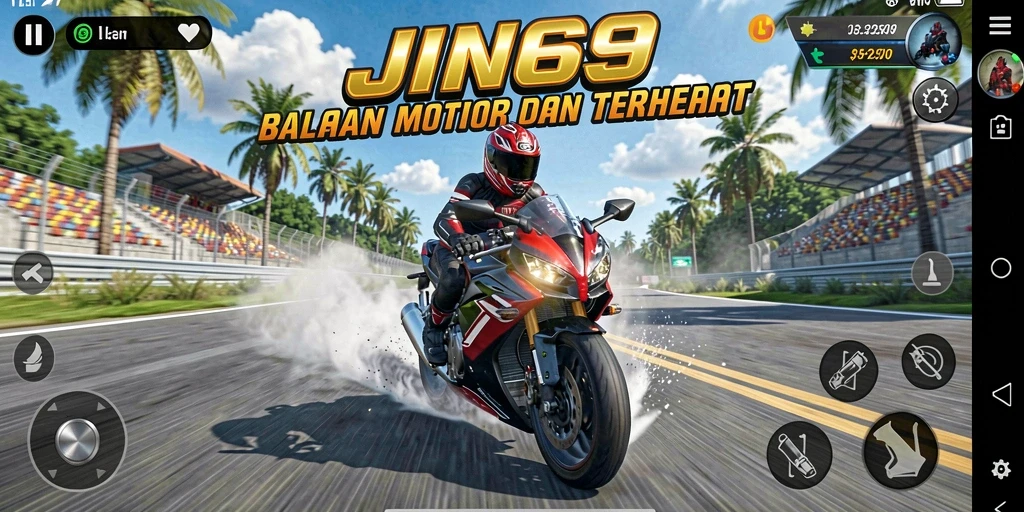 Tampilan gameplay JIN69 dengan kecepatan tinggi di lintasan balap.