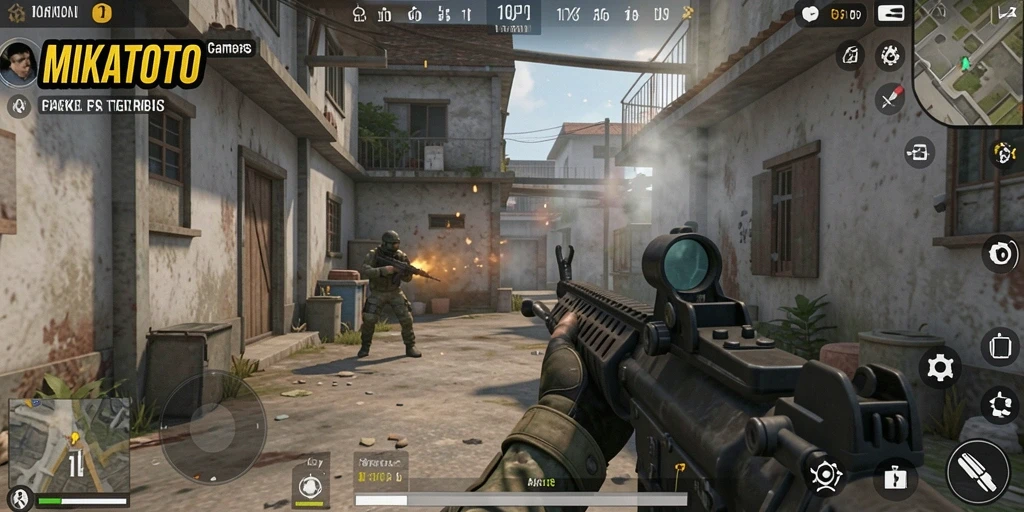 Screenshot MIKATOTO menampilkan aksi gameplay FPS yang intens.