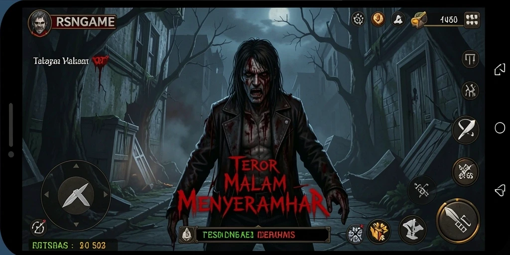 Tangkapan layar gameplay RSNGAME dengan suasana horor yang menegangkan.